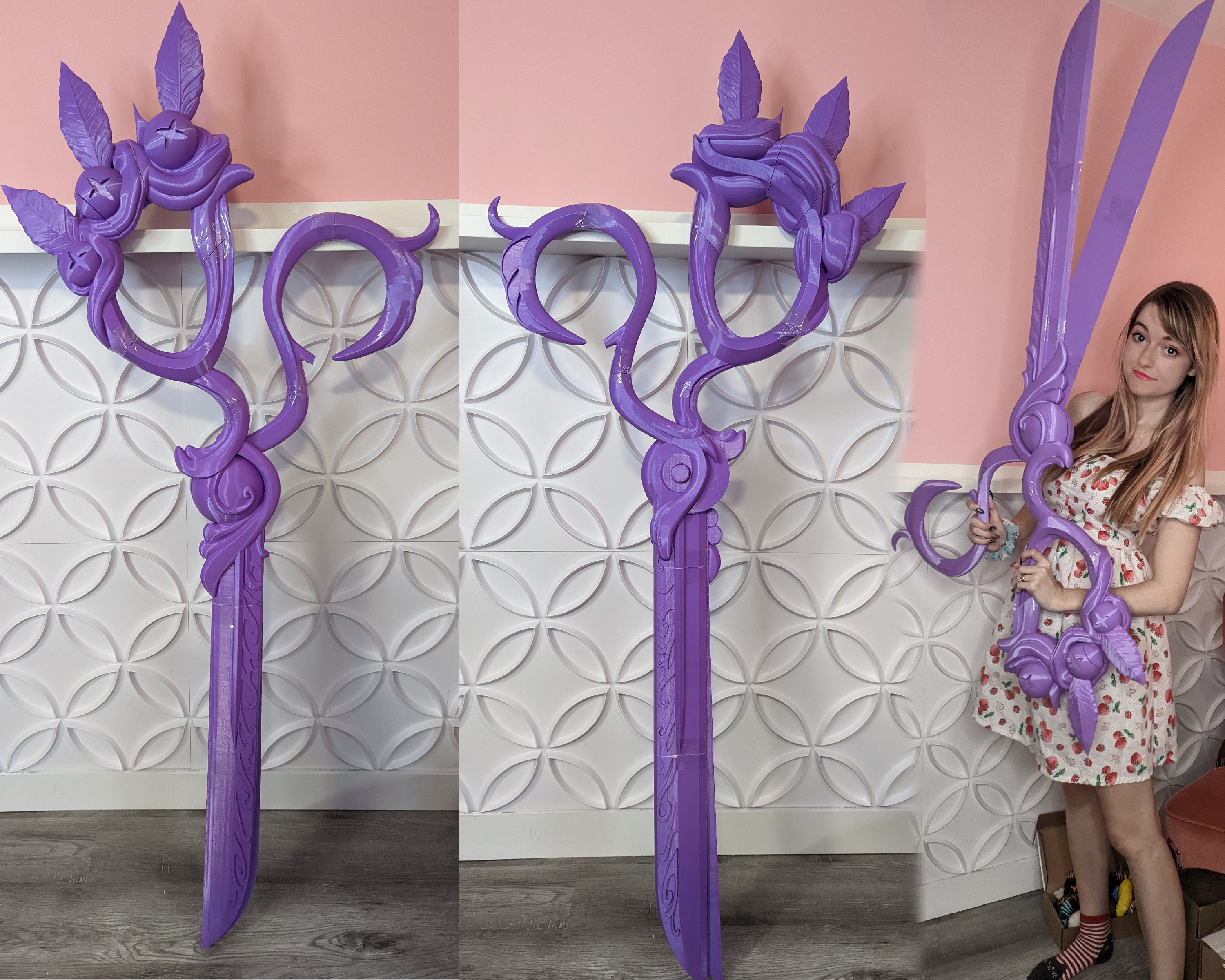 Self] Made Gwen's scissors for a friend. 7 ft tall, the whole build is EVA  foam except the needle and diamonds which are 3d printed. Based it more on  the concept art